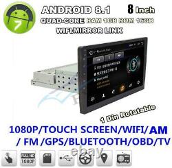 8 1Din 1080P Rotatable Car Quad-core Android 8.1 Stereo GPS Wifi 1G+16G+ Camera