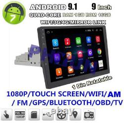 9'' 1 DIN Touch Screen Quad-core 1+16GB Car Stereo Radio BT GPS WiFi 4G DAB DVR