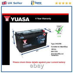 EFB Car Battery YBX7019 Yuasa 019 EFB 850A 100Ah 4Yr WTY 353x175x190 Start Stop