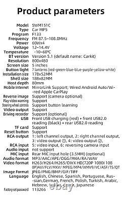 Radio de voiture à écran tactile 5 pouces MP5 avec lecteur Bluetooth mains libres et kit de caméra arrière